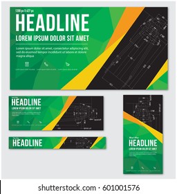 Design Web banners with different sizes. Templates with technical drawings on a black background. Vector illustration. Set