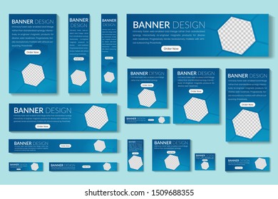 Design Web banners of different standard sizes. Templates with round place for photos, buttons. Vector illustration. Set.