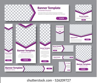 Design Web Banners Of Different Standard Sizes. Templates Banner With An Arrow For The Photo, And Purple Buttons. Vector Illustration. Set.