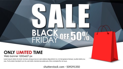 Design Web banners for sales on Black Friday. A template for the website and social networks, with abstract polygonal elements, arrow, and bags. Vector illustration