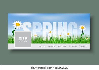 Design Web banners with spring landscape. Template with green grass and wildflowers on a background of blue sky. Vector illustration