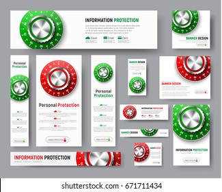 Design of web banners of standard size. Template white with a red and green lock from the safe for protection of information and data. Vector illustration