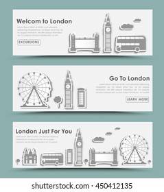 Design Web banners for travel around London. Template with stickers from its main attractions. Vector illustration. Set