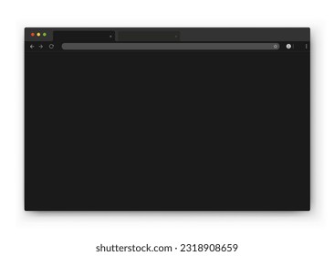 The design of the web browser window in black on a white background. An empty layout of the website's computer screen with a search bar and buttons.Night mode theme. Vector EPS 10.