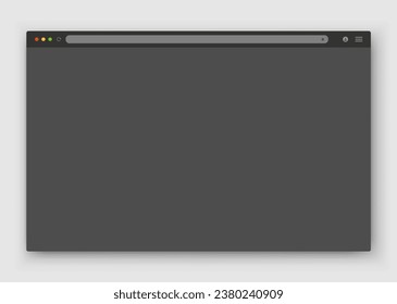 The design of the web browser window in gray on a dark background. Vector frame of a website template with a shadow. Night mode theme. Vector illustration.