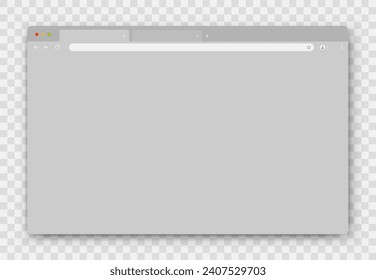 The design of the web browser window in gray on a transparent background. An empty website layout with a search bar and buttons. Vector illustration.