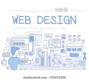 Design Web design graphics, pen tool to create UI, mobile UI and UX frame, creating sketches for the client. Doodle style concept. Modern line style illustration for web banners, printed materials