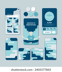 Design of a web page and app for meditation and yoga, notes and good sleep, main screen and icons, character girl meditating and smiling, women mental health design