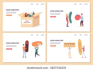 Design for web page with app of social support and charity for poor and homeless in shelter. Volunteers carry food and filling cardboard donation boxes. Vector flat illustration