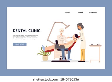 Design for web page dental medical clinic. Patient in chair at an appointment with dentist or orthodontist. Dental examination, treatment and tooth care. Vector illustration