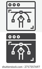 Design web page icon set in different style. Line outline icon and solid icon version showing layout blocks, editable stroke vector sign and symbol for UI, UX and website design.