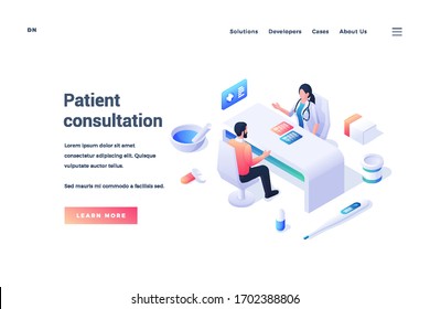 Design of web page offering information to learn about service for patients to get medical consultation from doctor on white background. Isometric web banner, landing page template
