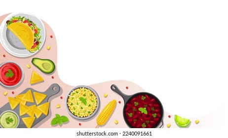 Design of web pages using Latin American cuisine. Mexican food. Food, cooking, menu concept. Vector illustration. Banner, website, advertisement.