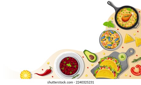 Design of web pages using Latin American cuisine. Mexican food. Food, cooking, menu concept. Vector illustration. Banner, website, advertisement.