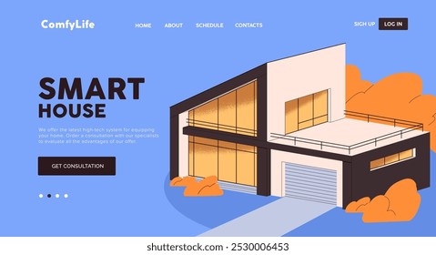 Design of web site about smart home technology. Remote control of house concept. Modern building with system of automatic detectors and artificial intelligence management. Flat vector illustration