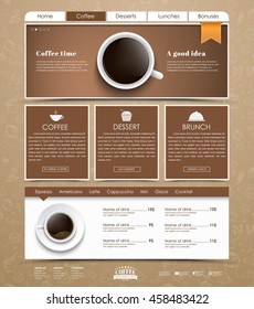 Design a web site with a banner and a cup of black coffee, top view. The template is divided into blocks of information. The menu for the cafe, shops and restaurants. Vector illustration.