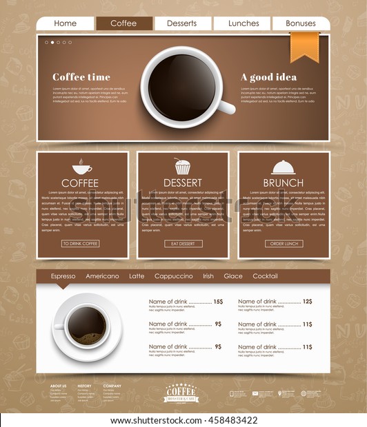 Design\
a web site with a banner and a cup of black coffee, top view. The\
template is divided into blocks of information. The menu for the\
cafe, shops and restaurants. Vector\
illustration.