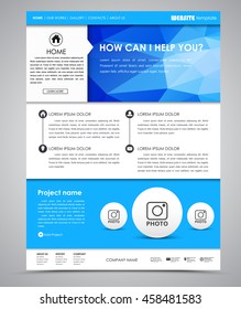 Design a web site with a blue banner polygonal. Template pointers and place for photos and information. Vector illustration