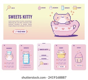 Design webpage and mobile application with cute cat pixel art.Set template for sweets store,cafe,coffee shop.Registration sign,catalog,vacancies,online ordering,contacts ect.Vector illustration EPS 10