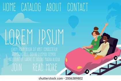 Design for website amusement park with fast high roller coaster for weekend leisure. Happy young couple enjoying fun ride on rollercoaster. Vector colorful illustration