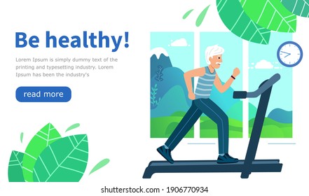 Diseñar sitio web sea saludable. El Viejo Corre sobre una cinta de correr en una habitación al fondo de una ventana detrás de la cual hay un cuadro natural. Ilustración vectorial en estilo plano moderno.