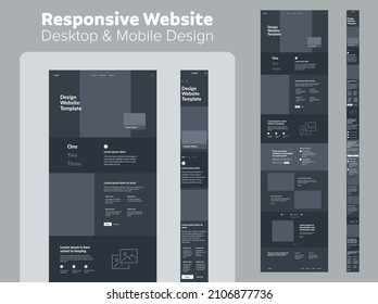 Design Website Dark Mode. Desktop And Mobile Wireframe. Landing Page Template.