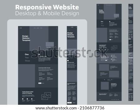 Design website dark mode. Desktop and mobile wireframe. Landing page template.