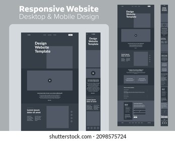 Design website dark mode. Responsive desktop and mobile wireframe. Landing page template.