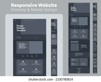 Diseñar el modo oscuro del sitio web. Computadora de escritorio y wireframe móvil con capacidad de respuesta. Plantilla de página de inicio.