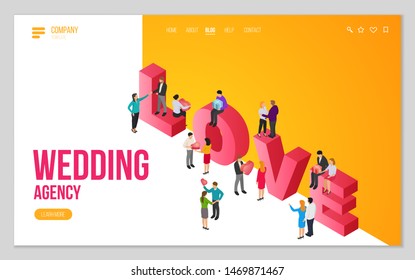Design website, landing page or presentation template for wedding company or dating agency. Minimal modern concept. Isometric vector illustration.