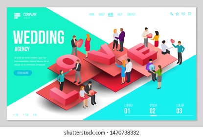 Design website, landing page or presentation template for wedding company or dating agency. Minimal modern concept. Isometric vector illustration.