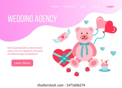Design website, landing page or presentation template for wedding company or dating agency. Vector flat style design concept for party and  wedding anniversary celebration. Minimal modern concept.