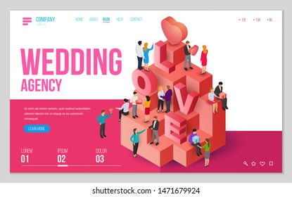 Design website, landing page or presentation template for wedding company or dating agency. Minimal modern concept. Isometric vector illustration.