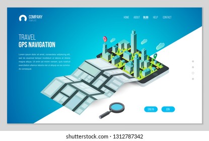 Design website or landing page template. Minimal modern concept for gps navigation, digital online map. Isometric vector illustration. 