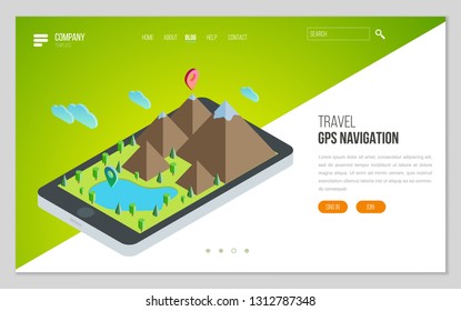 Design website or landing page template. Minimal modern concept for gps navigation, digital online map. Isometric vector illustration.