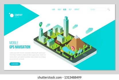 Design website or landing page template. Minimal modern concept for gps navigation, digital online map. Isometric vector illustration. 
