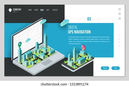 Design website or landing page template. Minimal modern concept for gps navigation, digital online map. Isometric vector illustration.