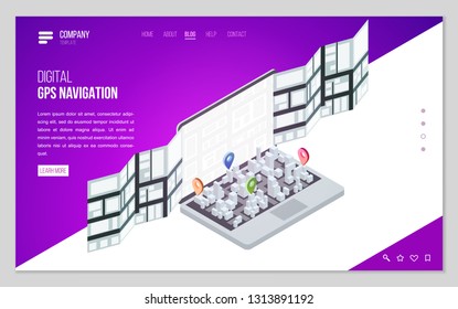 Design website or landing page template. Minimal modern concept for gps navigation, digital online map. Isometric vector illustration.