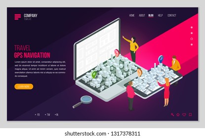Design website or landing page template. Minimal modern concept for gps navigation, digital online map. Isometric vector illustration.