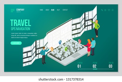 Design website or landing page template. Minimal modern concept for gps navigation, digital online map. Isometric vector illustration.