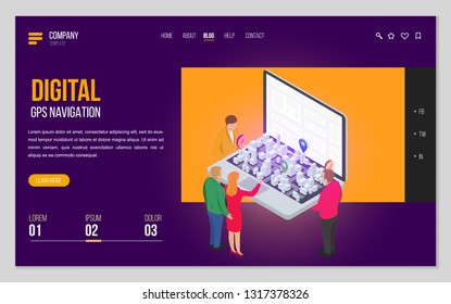 Design website or landing page template. Minimal modern concept for gps navigation, digital online map. Isometric vector illustration.
