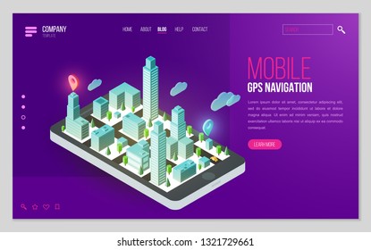 Design website or landing page template. Minimal modern concept for gps navigation, digital online map. Isometric vector illustration.