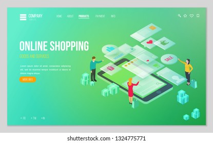 Design website or landing page template. Minimal modern concept for online shopping, e-commerce market. Isometric vector illustration.