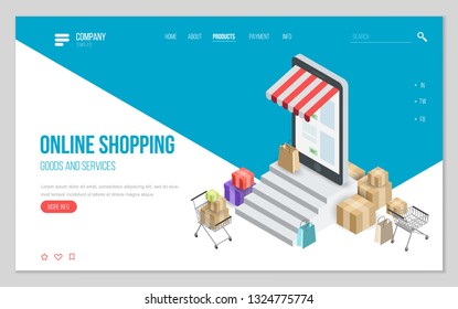 Design website or landing page template. Minimal modern concept for online shopping, e-commerce market. Isometric vector illustration.