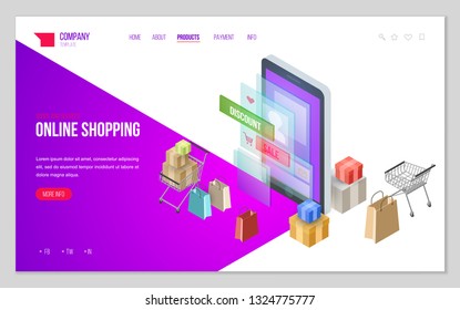 Design website or landing page template. Minimal modern concept for online shopping, e-commerce market. Isometric vector illustration.