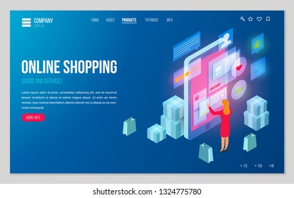 Design website or landing page template. Minimal modern concept for online shopping, e-commerce market. Isometric vector illustration.
