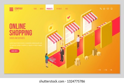 Design website or landing page template. Minimal modern concept for online shopping, e-commerce market. Isometric vector illustration.
