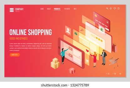 Design website or landing page template. Minimal modern concept for online shopping, e-commerce market. Isometric vector illustration.