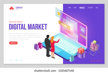 Design website or landing page template. Minimal modern concept for online shopping, e-commerce market. Isometric vector illustration.