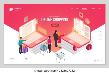Design website or landing page template. Minimal modern concept for online shopping, e-commerce market. Isometric vector illustration.